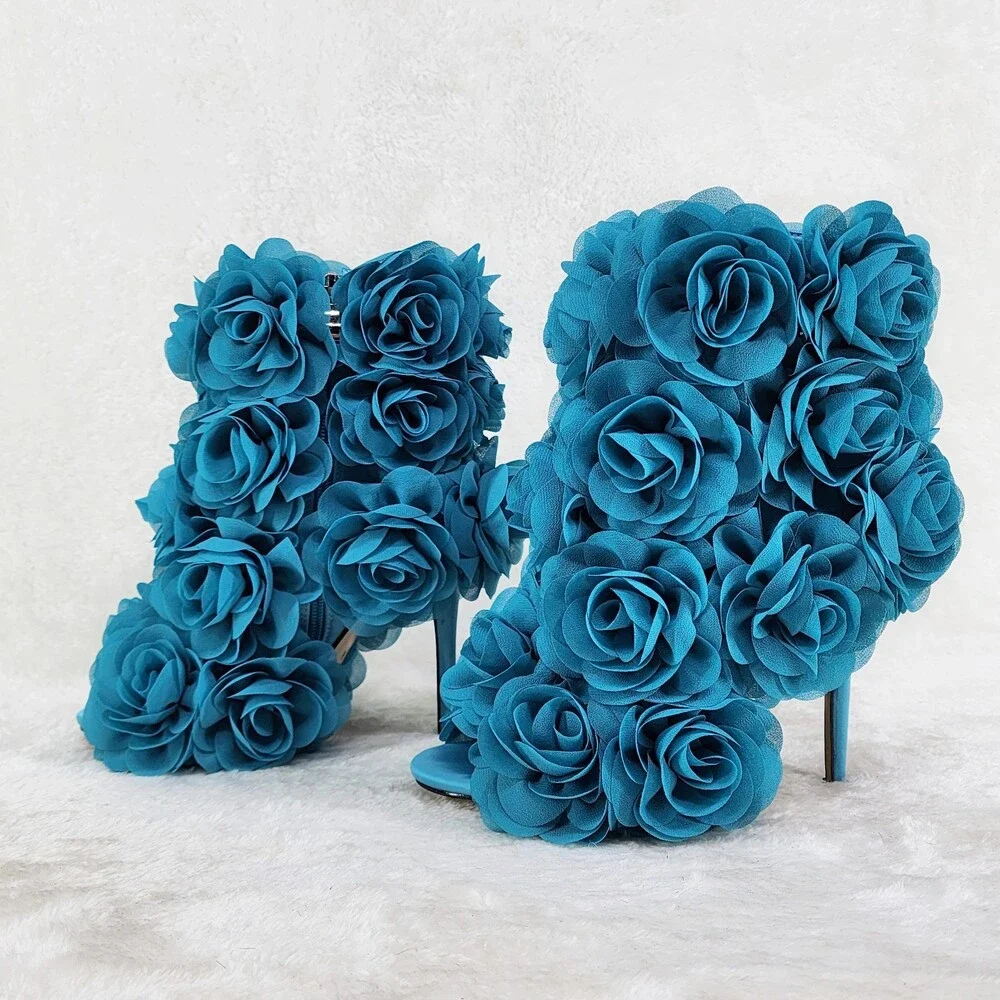 NIB Beauty 3D Flowers Floral High Heel Xoanna Elegant Ankle Boots Teal Blue - Picture 10 of 16
